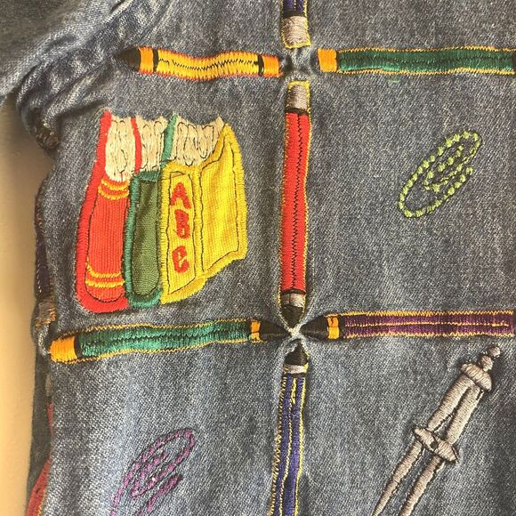 VTG Teacher School Novelty Embellished Womens Top Sz M Denim Y2K Button Up Cute - Picture 5 of 15